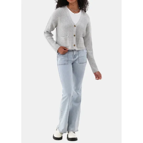 No Boundaries Womens Cardigan Sz M Light Grey Sweater Button Front Rib Knit Y2K - Image 5