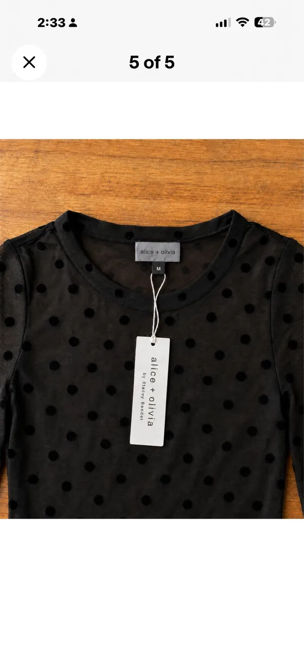 Alice + Olivia NWT Black Flocked Polka Dot Semi Sheer Mesh Long Sleeve Top M - Image 5