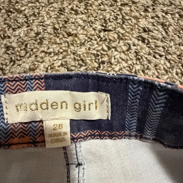 Madden Girl Womens Plaid Flare Jeans Navy Orange Bell Bottom Raw Hem Size 28 - Image 2