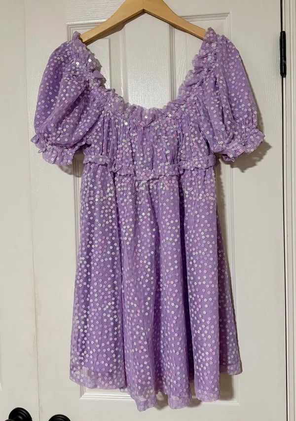 Buddy Love “Jac Puff” Sequin Purple Dress | M | Like-new Lavender Floral Overlay - Image 8
