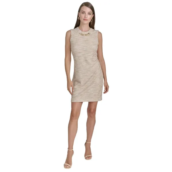 Halston Womens Tweed Chain-Trim Shift Dress HD4JMB8T Oatmeal Brown 14 - Image 8