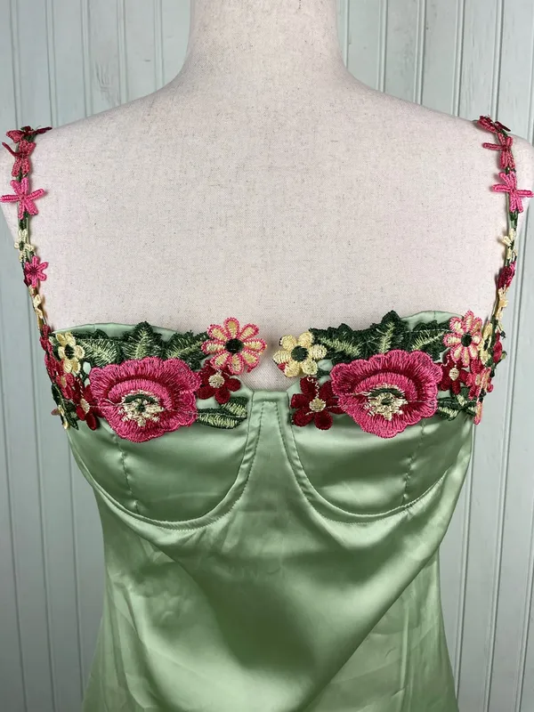 Y2K Fairycore Green Satin Slip Maxi Dress Size Medium Flower Strap Bodycon - Image 5