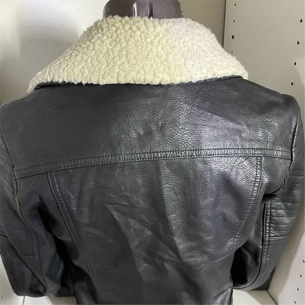 Women's Black Faux Leather Jacket M Quilted Sleeves Sherpa Collar - Image 5