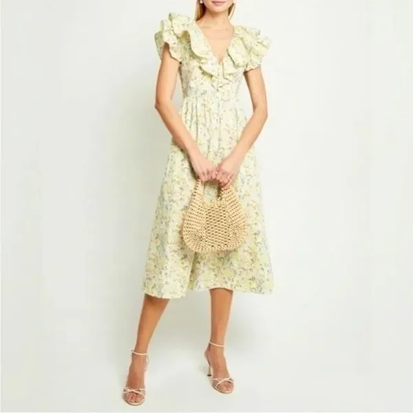 O.P.T. Kate Floral Ruffled Midi Dress One Pretty Time Pockets Ruffles‎ Small - Image 4