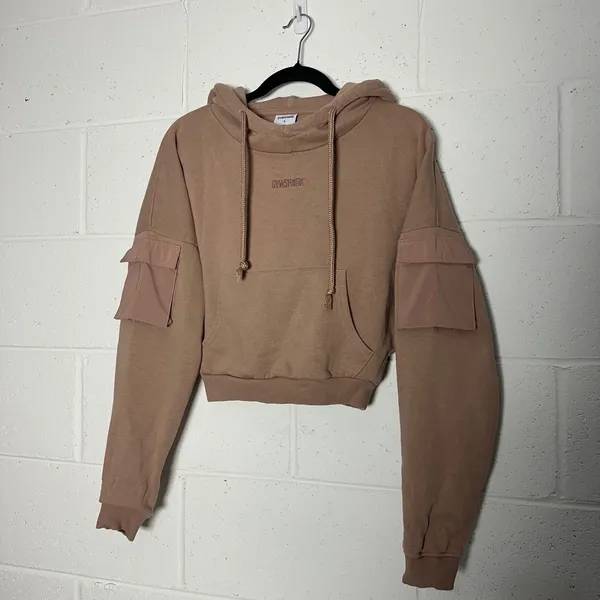 Gymshark Womens Tan Brown Cropped Cargo Hoodie Sweatshirt Small Logo Utility - Image 3