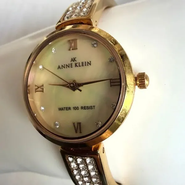 Anne Klein AK Gold Tone Watch Mother of Pearl Dial Crystal Accents Water Resist - Image 3