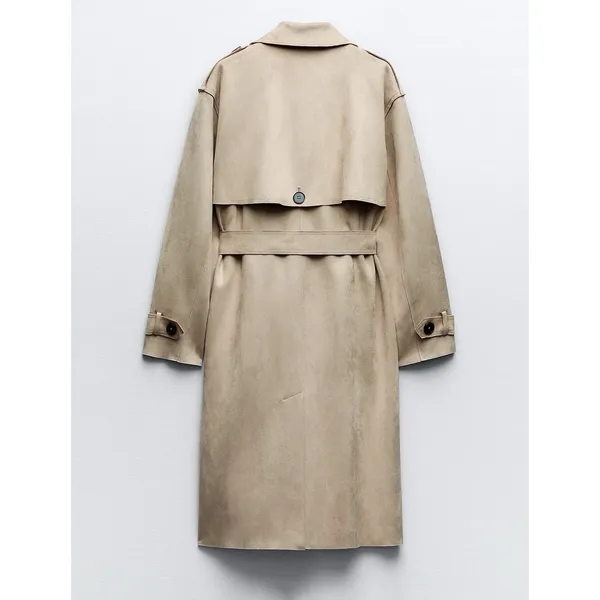 ZARA Faux Suede Trench Coat Belted Jacket Solid Tan Brown Pockets Outdoors Large - Image 11