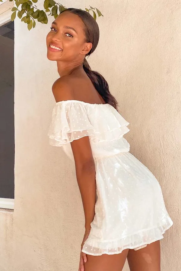 New Frilled to Bits White Swiss Dot Off-the-Shoulder Romper MSRP $58 - Image 2