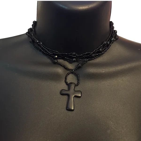 Black multi strand beaded cross pendant choker necklace - Image 2