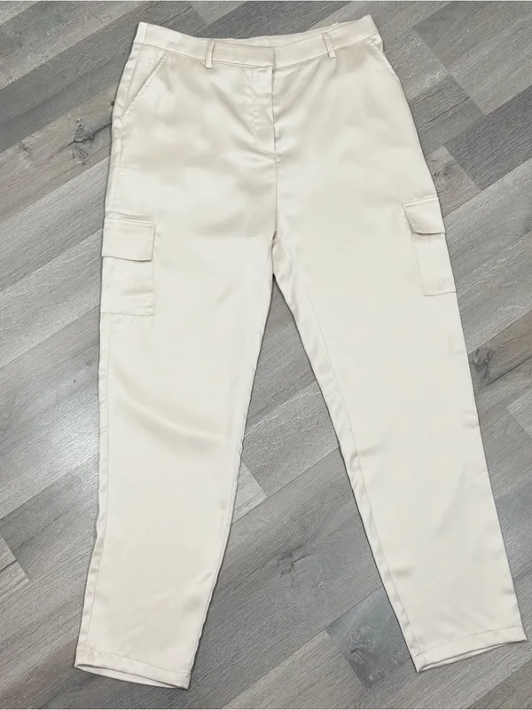 Bailey 44 Satin Cargo Pants Trousers Cream Medium High Waist Ankle Tapered - Image 3