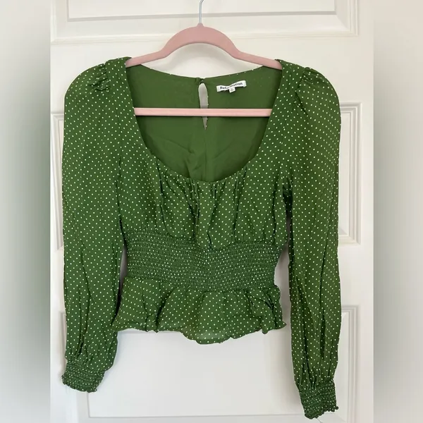 Reformation Hearth Green Dotted Smocked Blouse Size 4 - Image 8