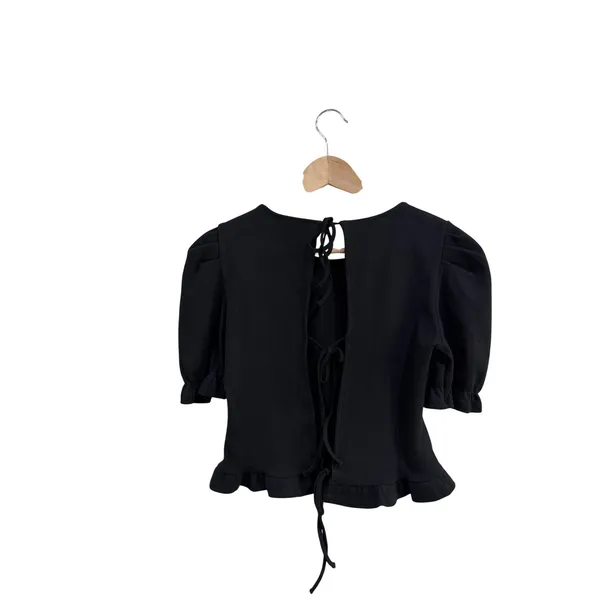 Maeve Anthropologie Black Puff Sleeve Tie Back Ruffle Hem Ribbed Top XS - Image 4