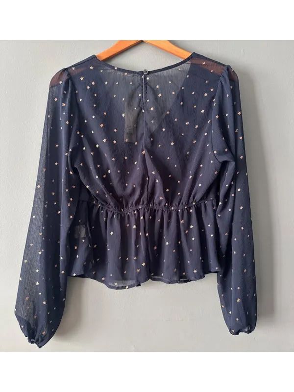 NWT Women’s L Francesca’s Miami Navy Blue Star Print Blouse Sheer Sleeve Top Y2K - Image 7