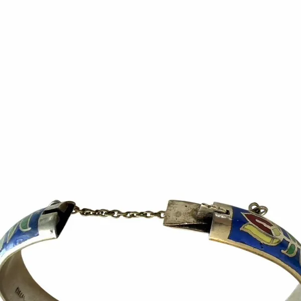 Vintage Thailand Cloisonné Floral Bangle Bracelet Blue Enamel Hinged - Image 10