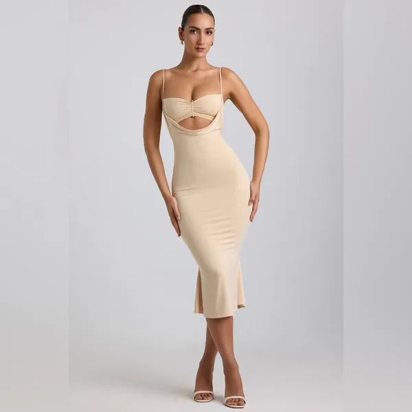 Oh Polly Julane Slinky Jersey Ruched Cut-Out Midaxi Dress in Buttercream Size 4 - Image 8