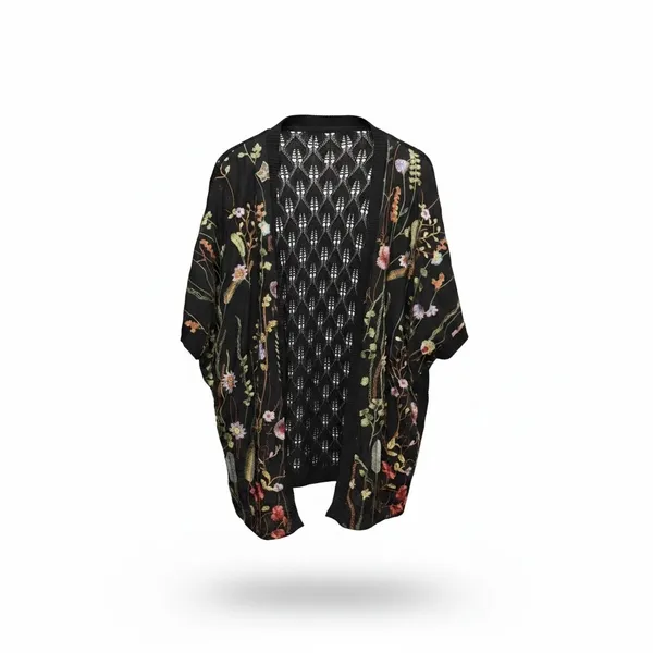 Mesh + Lace Black Floral Embroidered Pointelle Knit Kimono Cardigan Large S3281M - Image 2