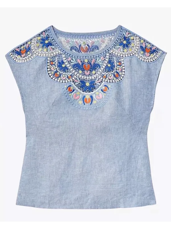 Boden Fleur Linen Embroidered Top in Chambray 12 - Image 13