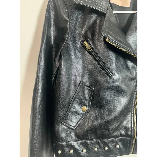 Twinset Milano Black‎ Genuine Leather Pearl Studded Biker Moto Jacket Womens S - Image 5