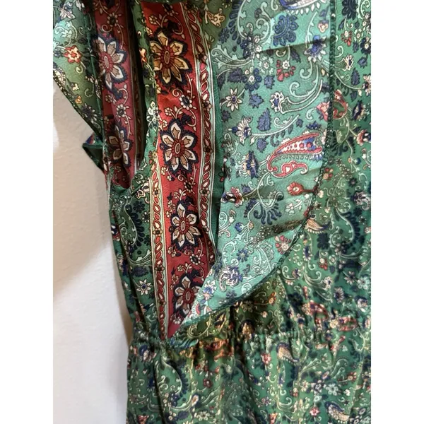 Boemo Ruffle Prairie Floral Green Paisley Maxi Dress V-Neck Ruffle Size Medium - Image 5