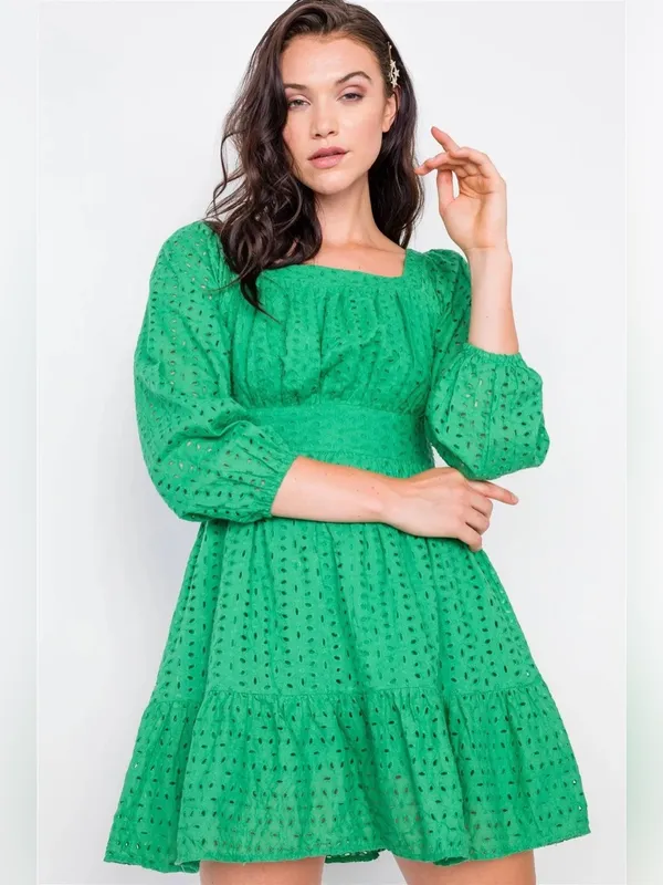 Hummingbird Kelly Green Lace Floral Eyelet Mini Frill Dress Size L - Image 9