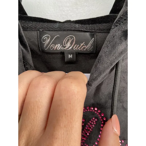 Von Dutch Women Hoodie Black Velour Pink Rhinestone Logo Medium - Image 6
