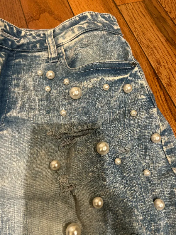 Tinseltown Crossover-Waist frayed hem Ripped Embellished Denim mini Skirt, 11 - Image 13
