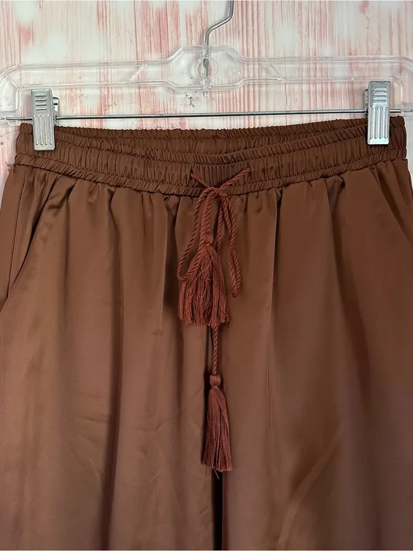 Allegra K Coffee Brown Drawstring Elastic Waist Tassel Satin Jogger Pants Sz XS - Image 4
