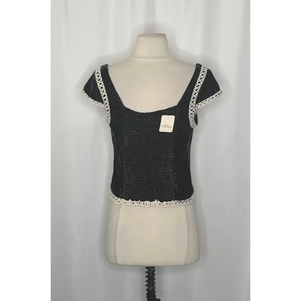 NWT!! FREE PEOPLE Tyler Velvet Corset Top Black Cream Embroidered Bohemian Large - Image 9