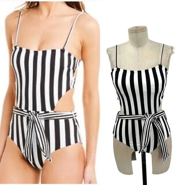 Onia Rumi Black & White Striped Cutout One Piece Swimsuit Belted Size‎ - Image 2