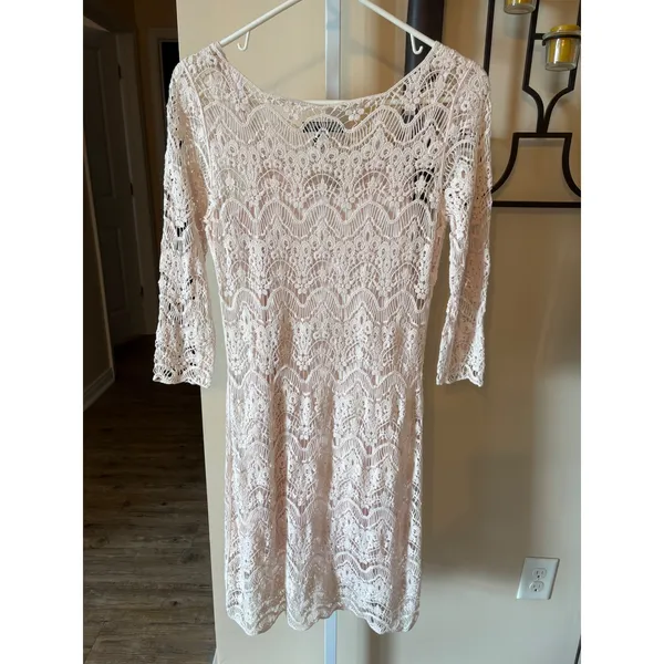 Lauren Ralph Lauren Pink Crochet Lace Sheath Dress 3/4 Sleeve Scoop Neck Size S - Image 6