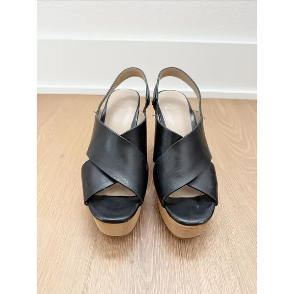 Tory Burch Black T Criss-Cross Wood Wedge Platform Boho Chunky US 6.5 - Image 7