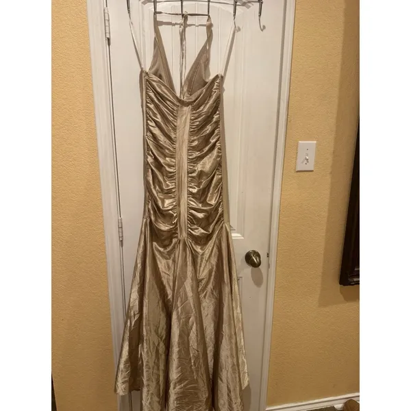 Jessica McClintock Gold Halter Evening Gown Dress Size 8 Ruched Wedding - Image 11