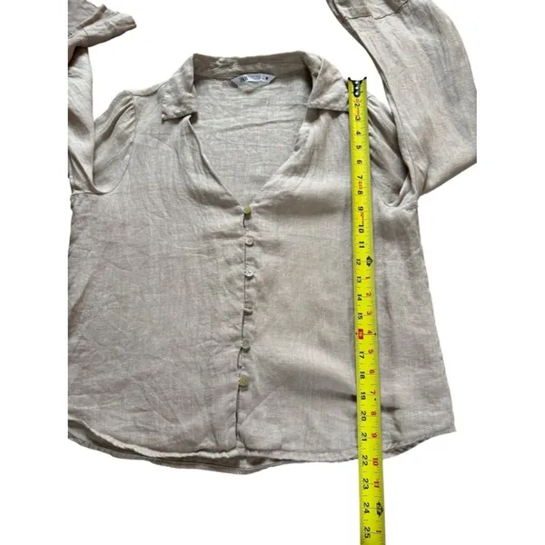 ZARA Linen Blouse Flared Bell Sleeves Button Up V Neck Beige Womens Small - Image 8