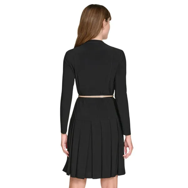 NWT Tommy Hilfiger Pleated V Neck Fit Flare Long Sleeved Knit Midi Dress Black 4 - Image 3