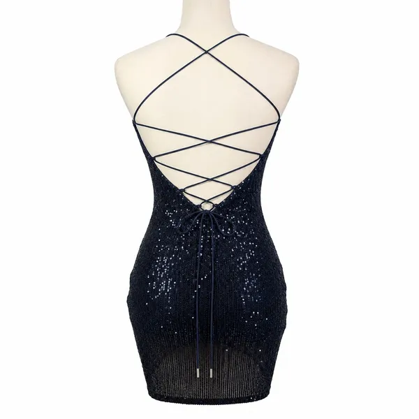 Misty Rose Sequin Mini Dress Womens Navy Blue Open Back Lace Up Sparkly Glam - Image 7