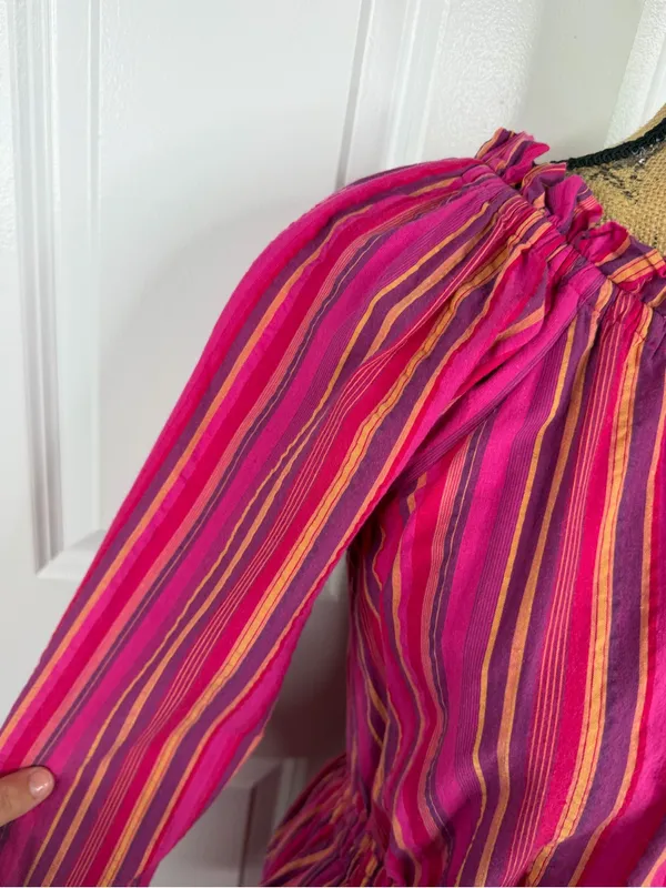 BURU Size S Pink Striped Cotton Long Sleeve Tiered Mini Dress - Image 6