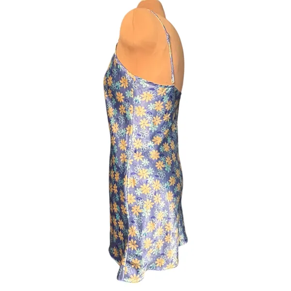 Floral Satin Mini Slip Dress Blue Yellow Daisy Print Y2K 90s Fairycore Cottage - Image 3