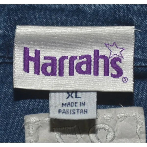 Harrah's Casino Blue Denim Button Up Shirt Top Size XL Cotton Embroidered Logo - Image 8