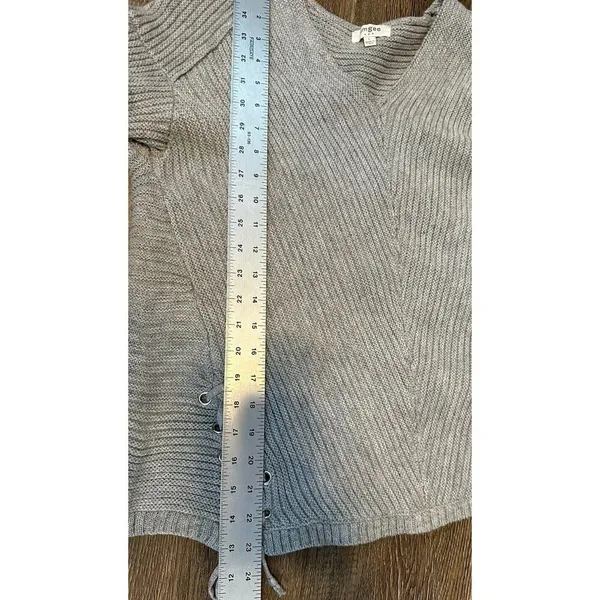 UMGEE Sweater Gray ‘All Laced Up’ Oversized Ribbed Tie Sides V-neck Large Boho - Image 6