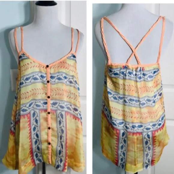Free People Strappy Boho Summer Festival Tank Top Size Small Yellow Orange Blue - Image 2