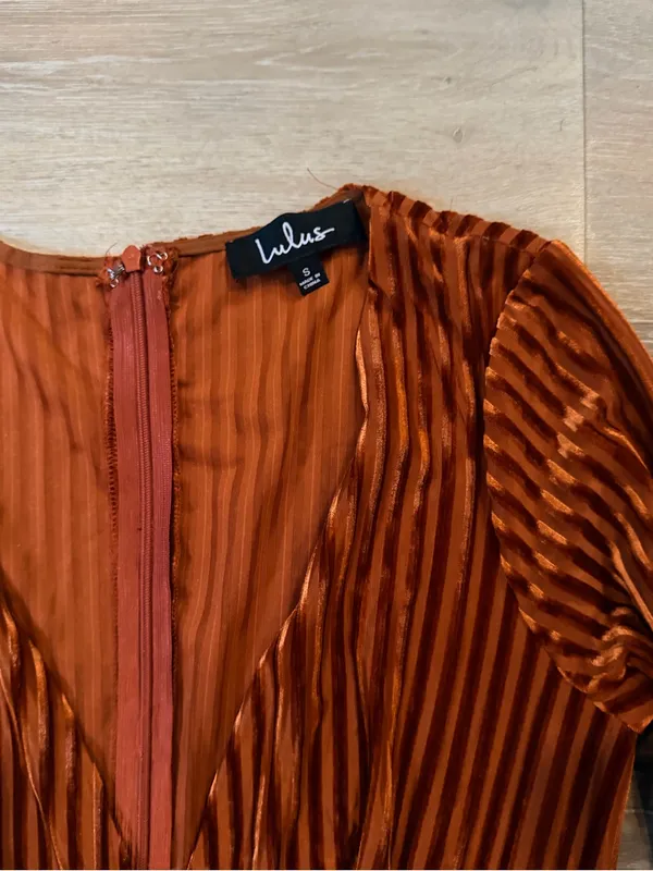 Striking a Pose Rust Orange Velvet Striped Long Sleeve Jumpsuit Size Small - Image 2