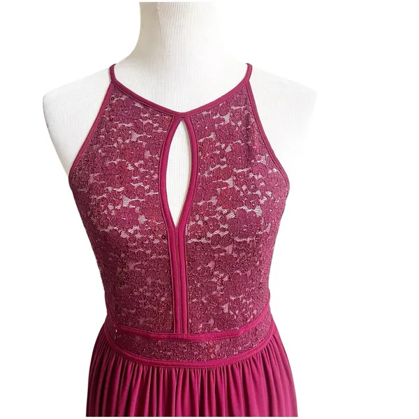 Morgan & Co Size Small Keyhole Sequins Tie Back Halter Maxi Dress Prom Maroon - Image 5