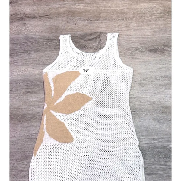 Women's Size Small Ivory Crochet Knit Mini Dress Beige Leaf Beach Cover Up - Image 5