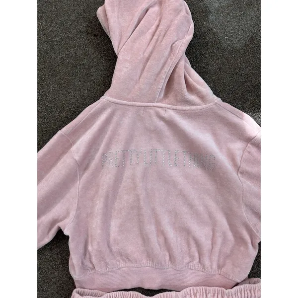 PrettyLittleThing Pink Velour 2pc Tracksuit Set Zip Hoodie Joggers Pockets - Image 5
