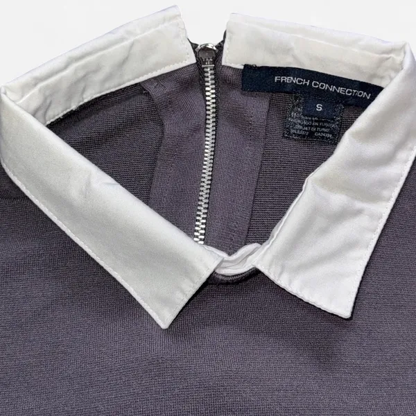 French Connection Grey and White Collared Blouse Top with Zipper Back (Size S) - Image 2