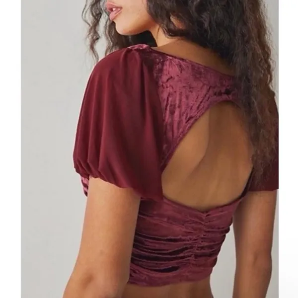 Intimately Free People Midnight Mood Velvet Burgundy Ruched Puff Sleeve Crop Top - Image 3