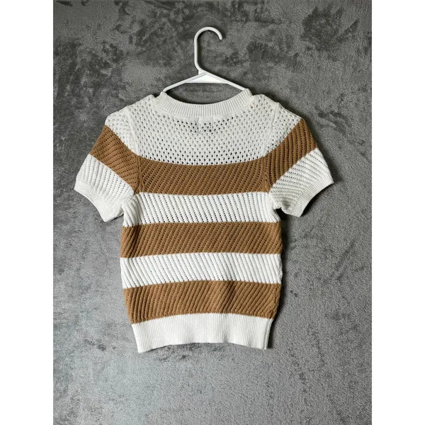 Maeve Open Stitch Mesh Sweater Women's XXS Tan Cream Striped Short Sleeve Knit - Image 3