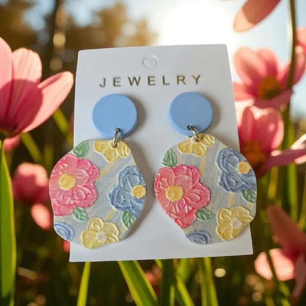 Flowerful Colorful Embossed‎ Acrylic Earrings with Blue Studs - Image 4