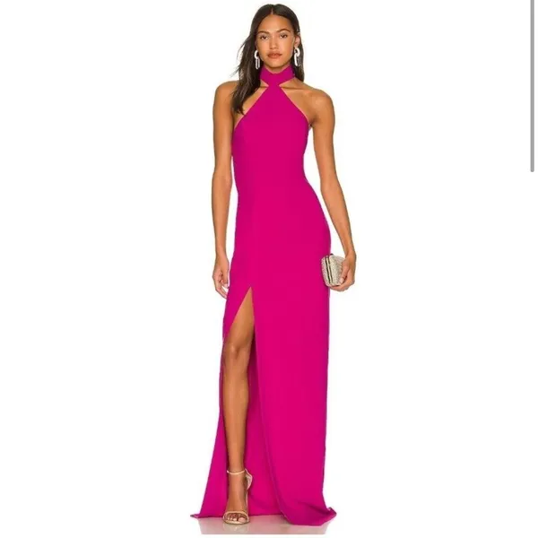 Amanda Uprichard | S | Queen Halterneck Side Seam Split Maxi Gown‎ in Magenta - Image 2