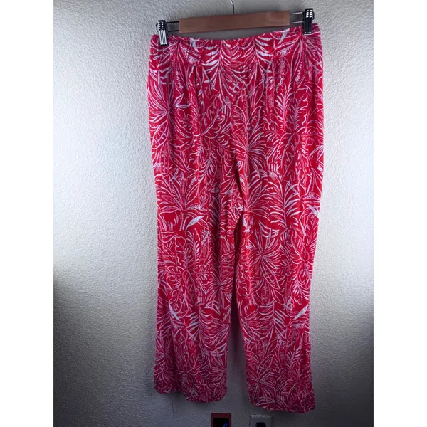 C&C California‎ Linen Wide Leg Pants Women M Red Tropical Leaf Coastal Resort - Image 2